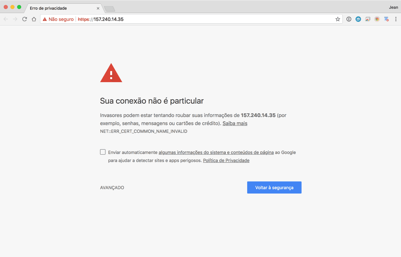 Site não seguro | Imagem da tela do macOS mensagem de erro do Chromer site não seguro | Certificado Digital | SSL | Blog da Certisign 