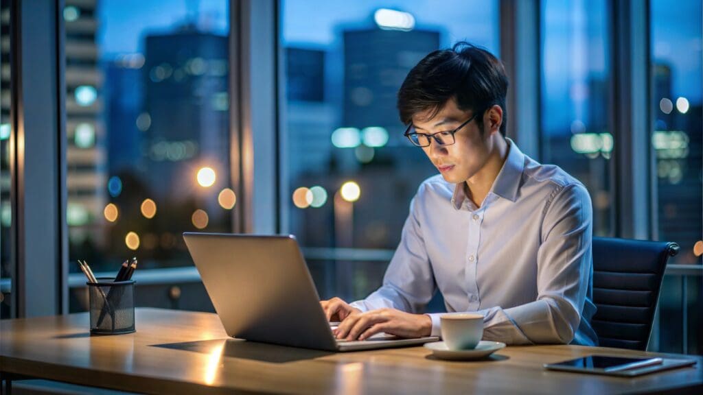 Homem asiático de óculos mexendo no notebook em escritório 